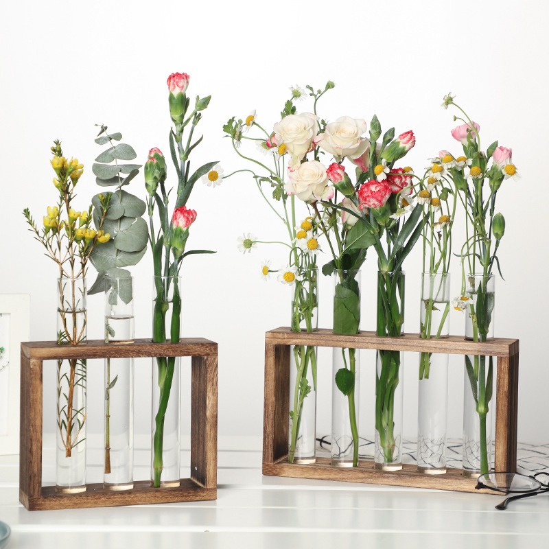 Desk Setup Plant - 5-Tube Glass Hydroponic Planter with Wooden