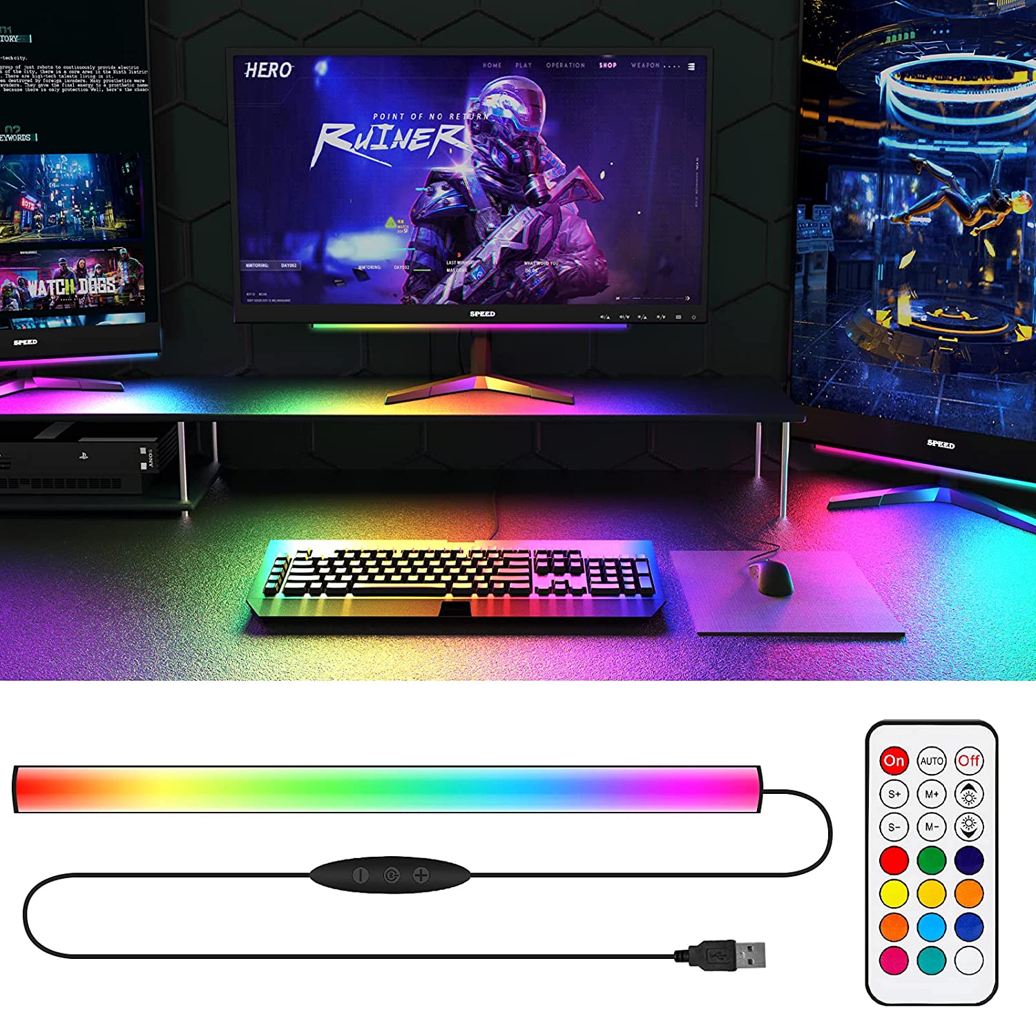 Desk Room Setup - Under Monitor Light Bar RGB Dreamcolor