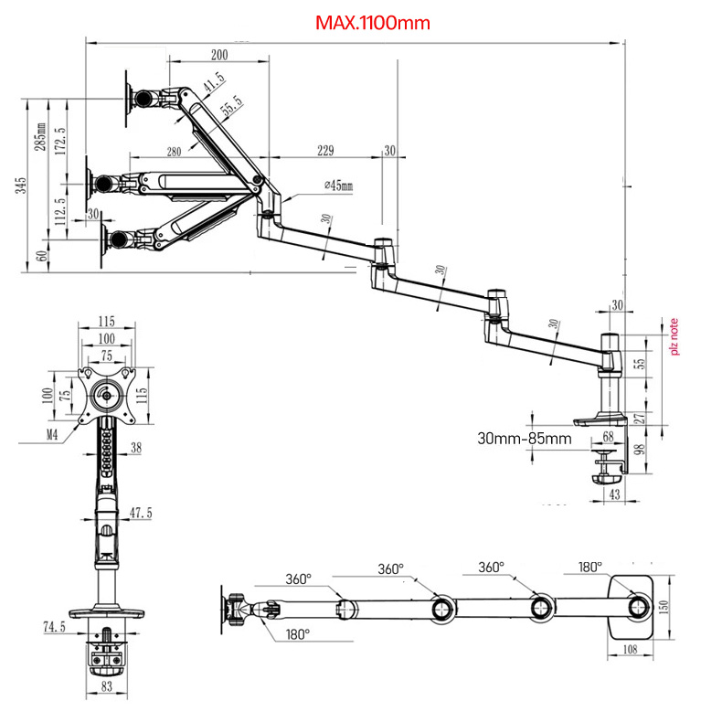 (1098mm) DL-8014 Mechanical Sp - đánh giá và giá Desk Setup Monitor Arm